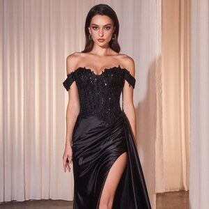 NEW OFF THE SHOULDER SATIN DRESS W/ SEQUINS EMBROIDERY & SWEETHEART NECK CD803